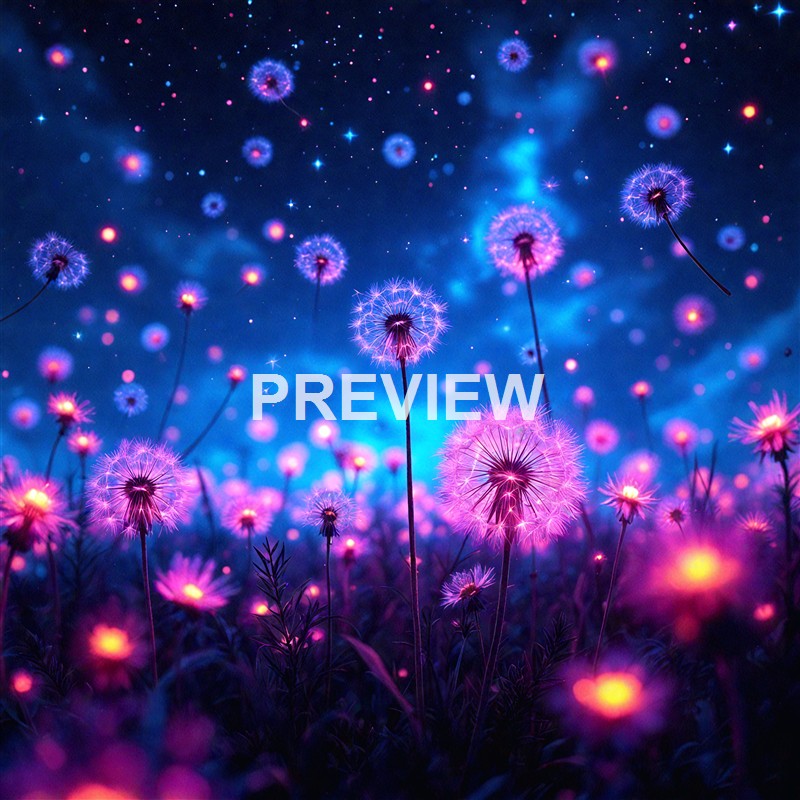 A vibrant, surreal scene of dandelions glowing with pink and purple hues against a starry blue night sky, with particles and light effects creating a magical atmosphere.